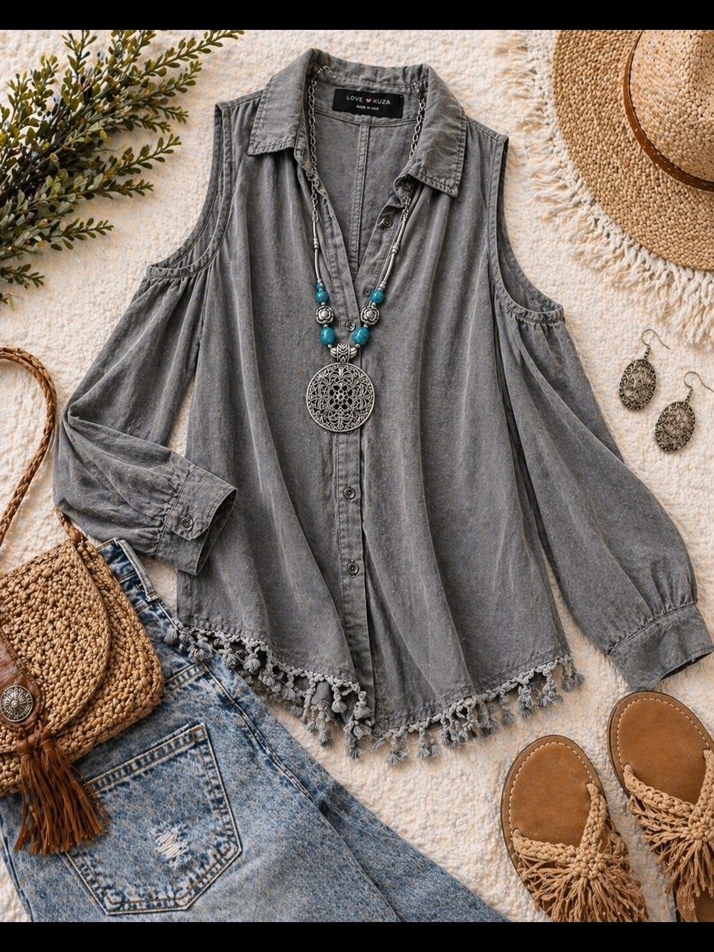 Love Kuza Gray Cold Shoulder Boho Tassel Blouse S
